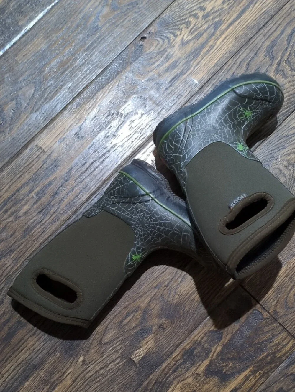 Bogs Kids Olive Green Spider Web Rain Boots with Neon Green Accents